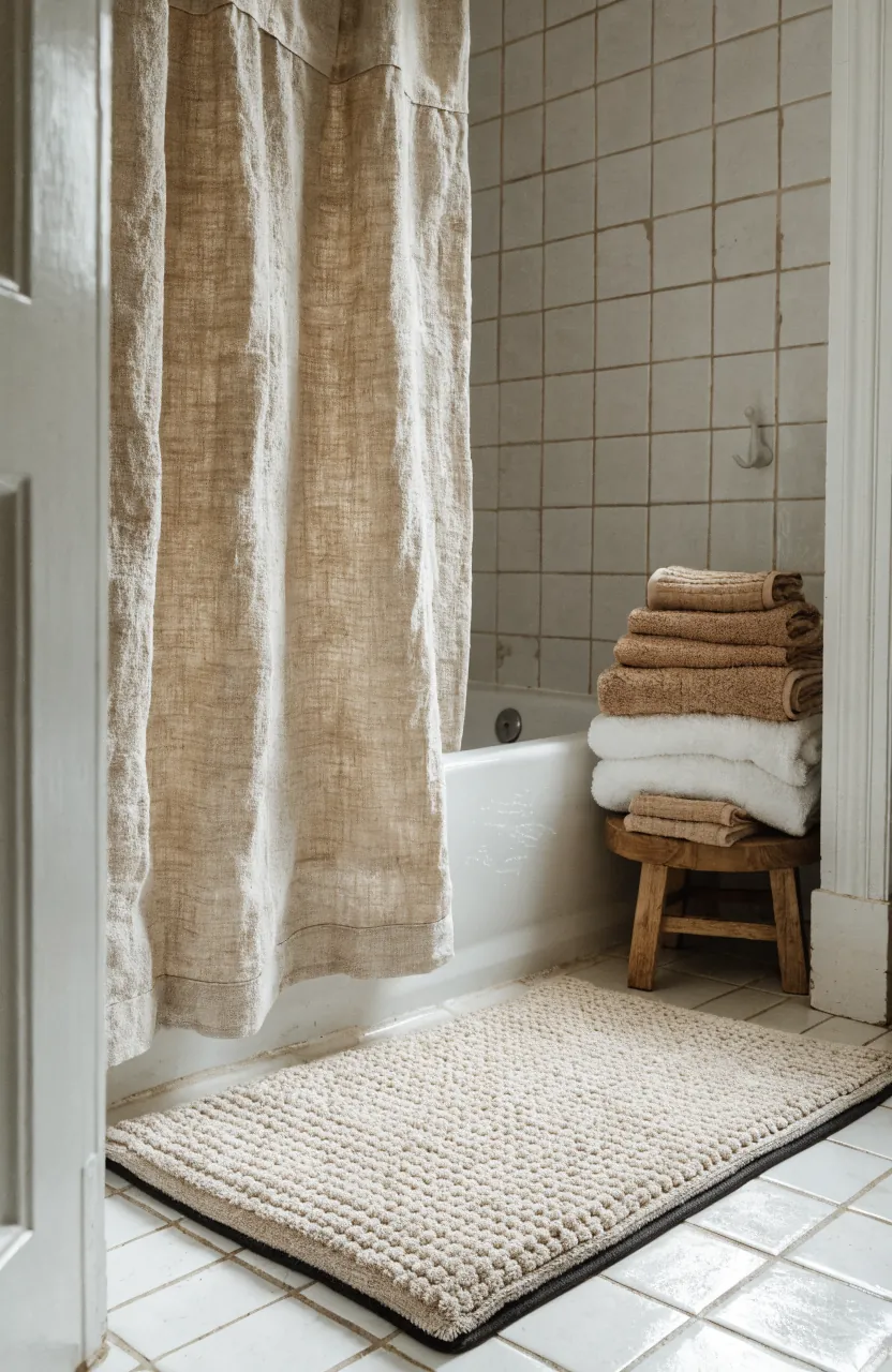 Cozy bathroom textiles with warm towels bath mat and fabric shower curtain