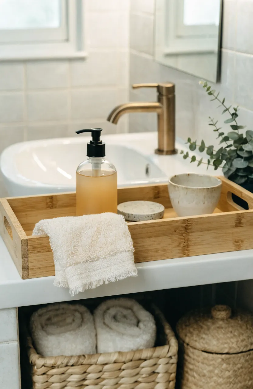 Natural bathroom storage with bamboo tray woven basket and warm bathroom decor