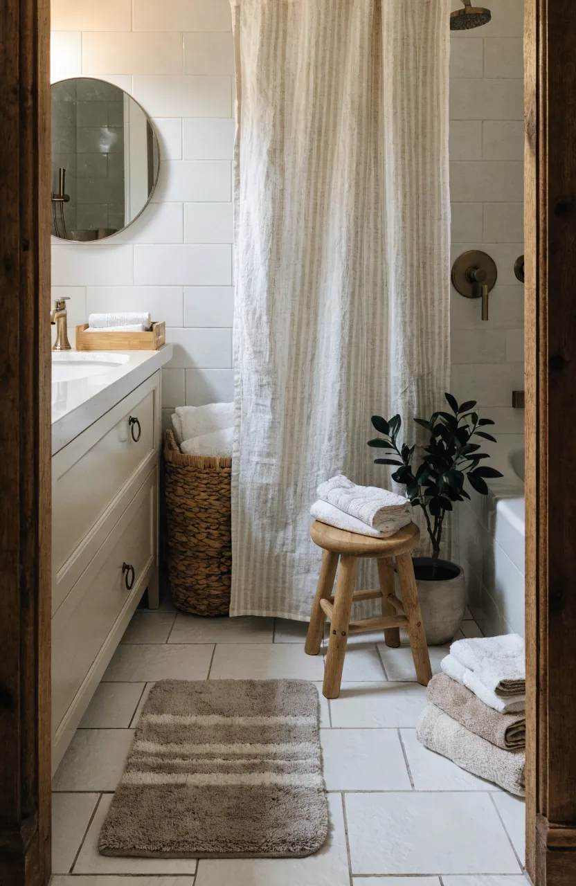 Warm natural bathroom decor with soft textiles bamboo storage and plants