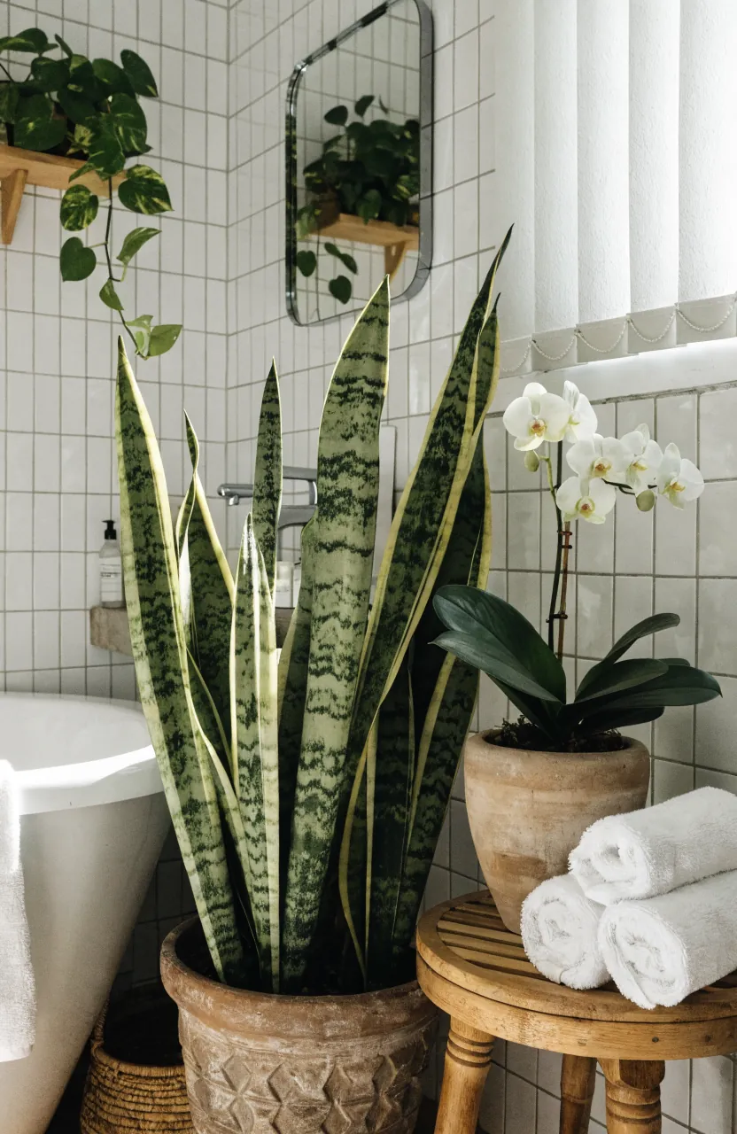 Bathroom plants in a spa bathroom corner with warm natural textures