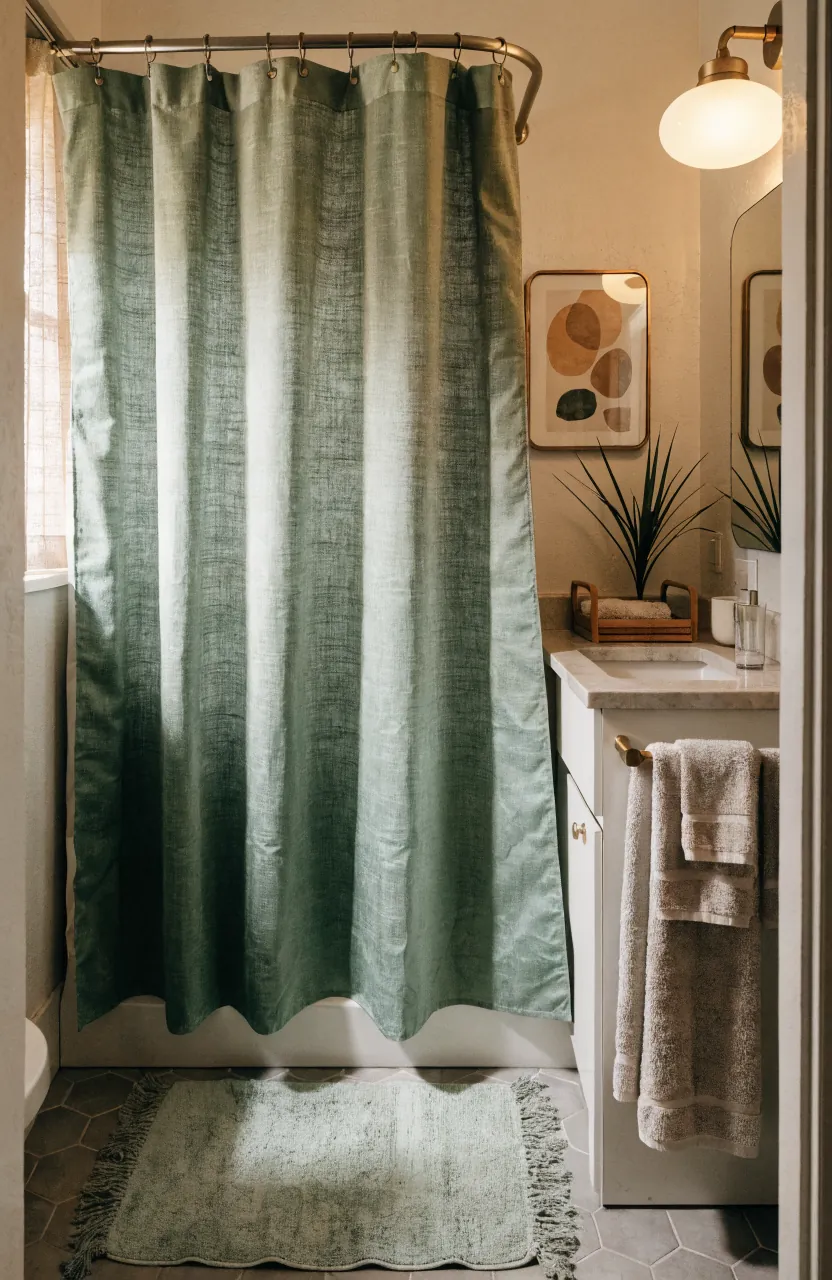 Rental bathroom refresh with warm shower curtain bath mat and earthy bathroom decor