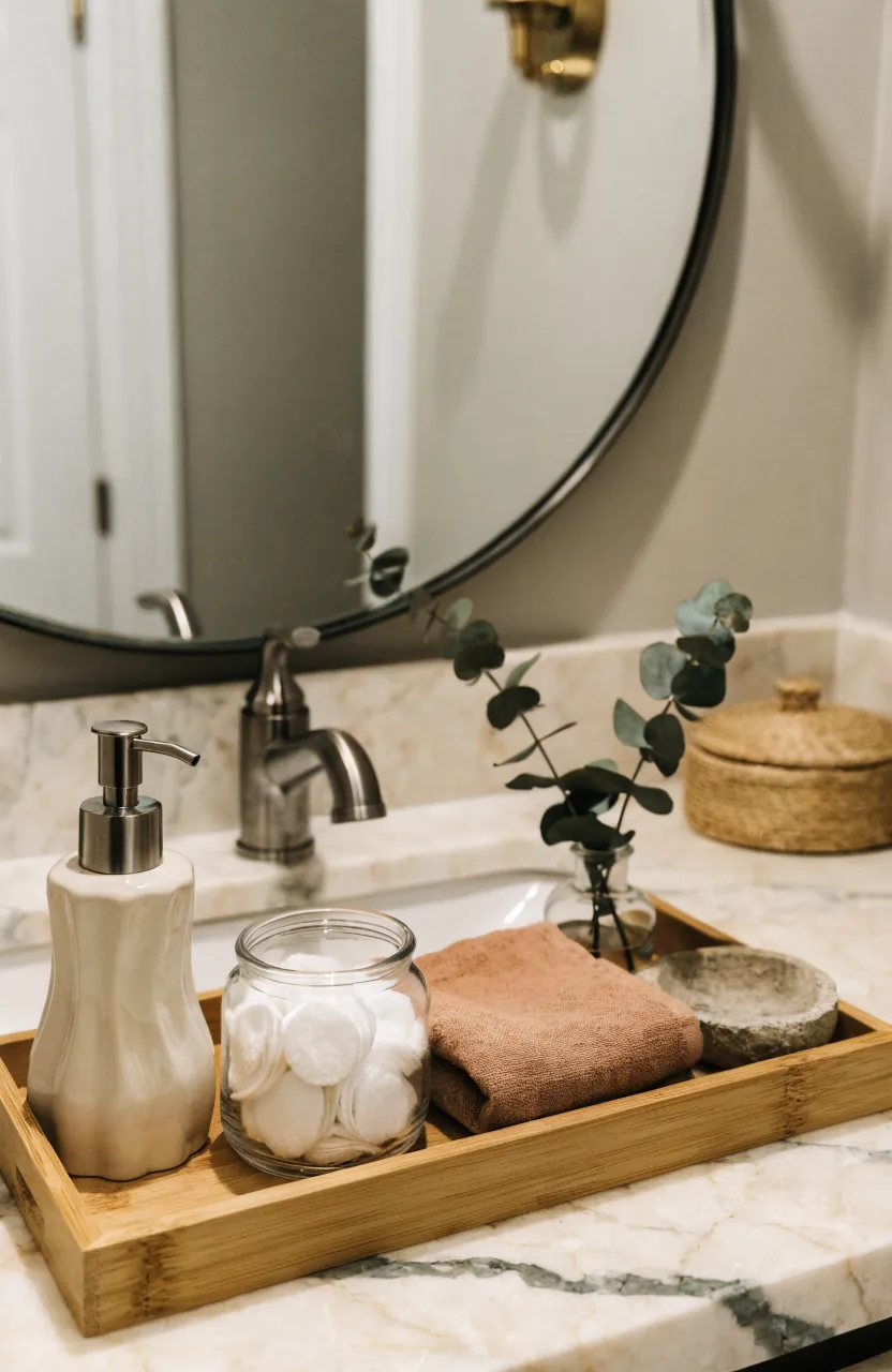 Guest bathroom countertop tray with warm natural decor and organized storage