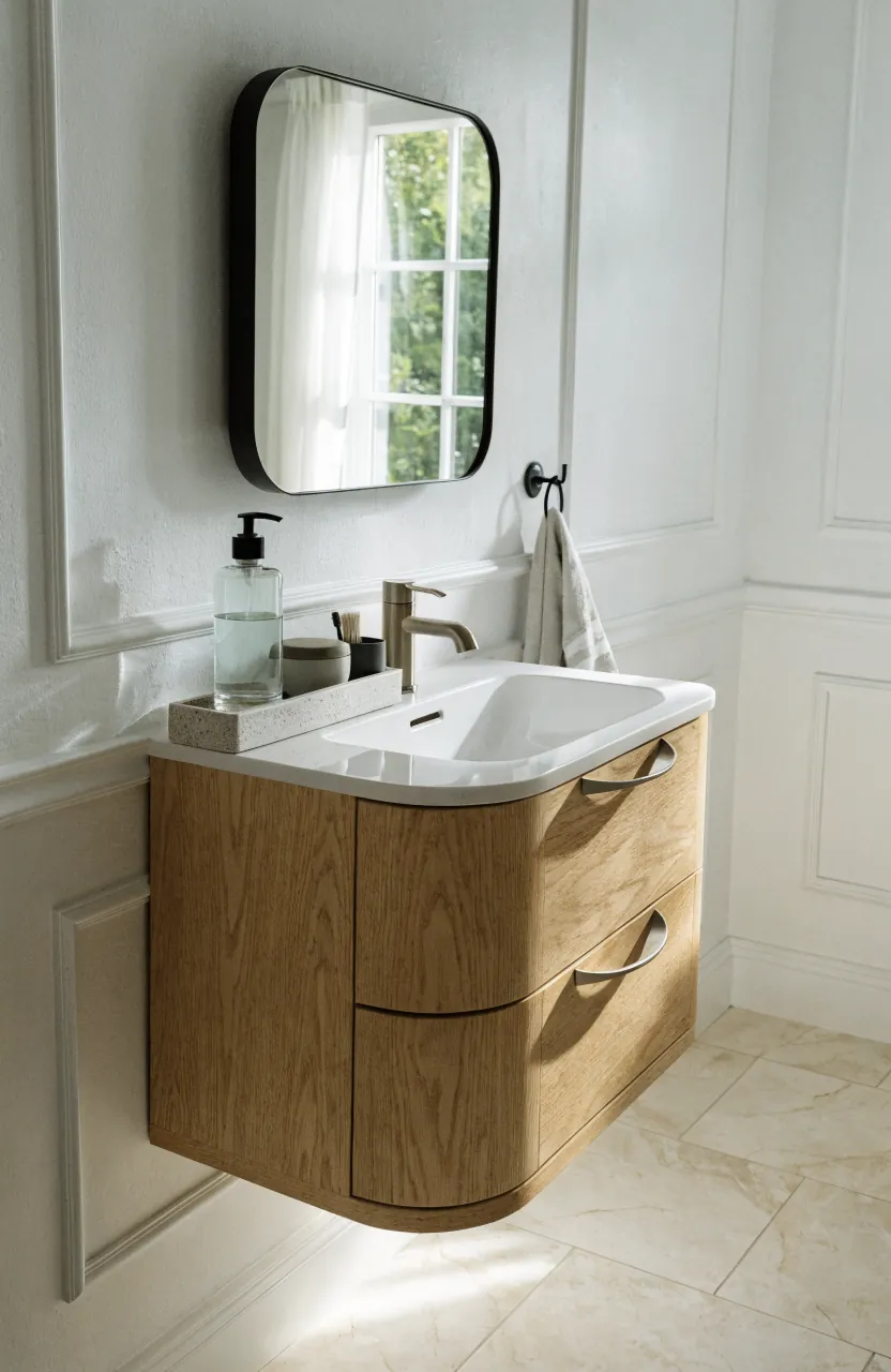 Floating vanity in a tiny bathroom keeping the floor visually open