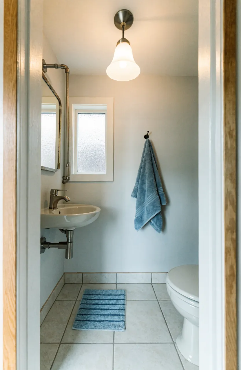 Tiny home bathroom layout with clear floor space and compact fixtures