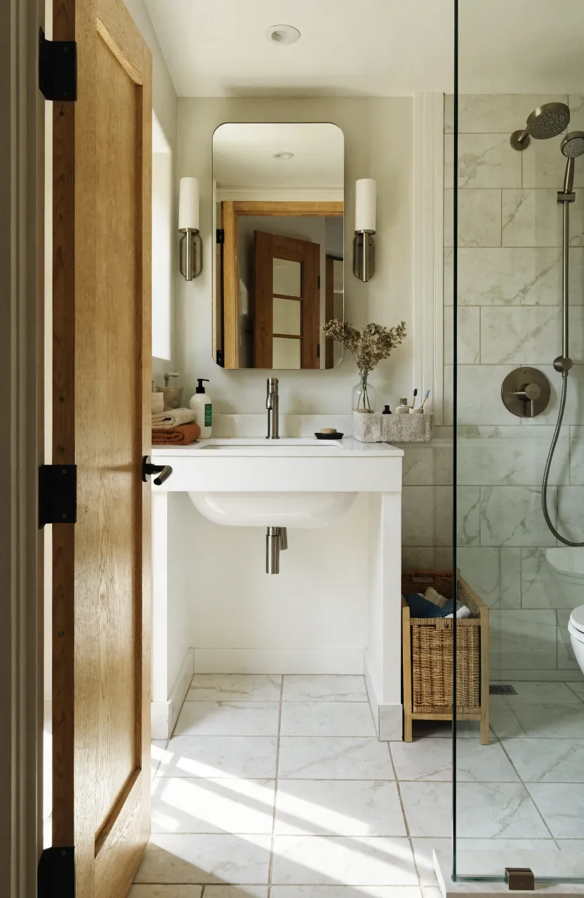Tiny home bathroom that feels less tight with open floor space and warm storage