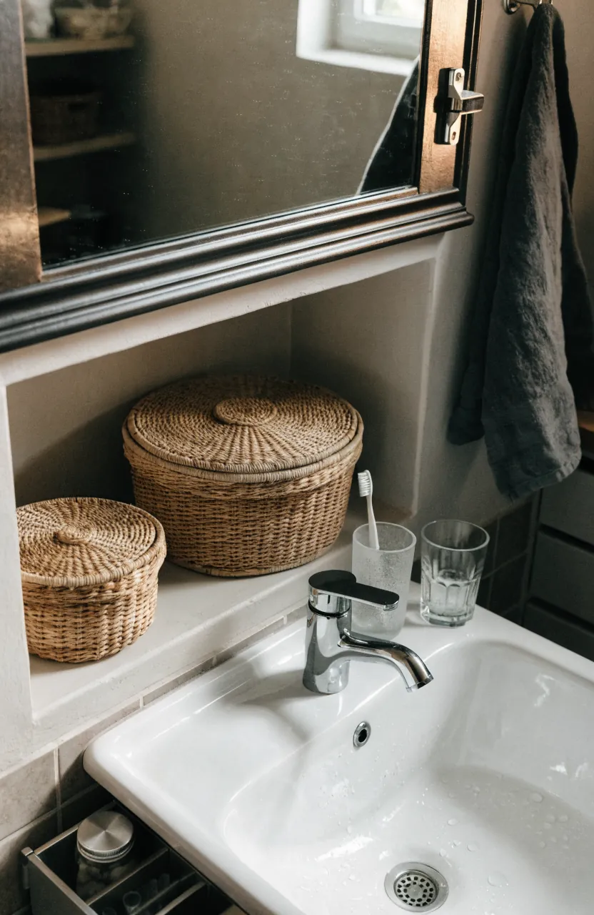 Closed bathroom storage hiding clutter in a compact bathroom