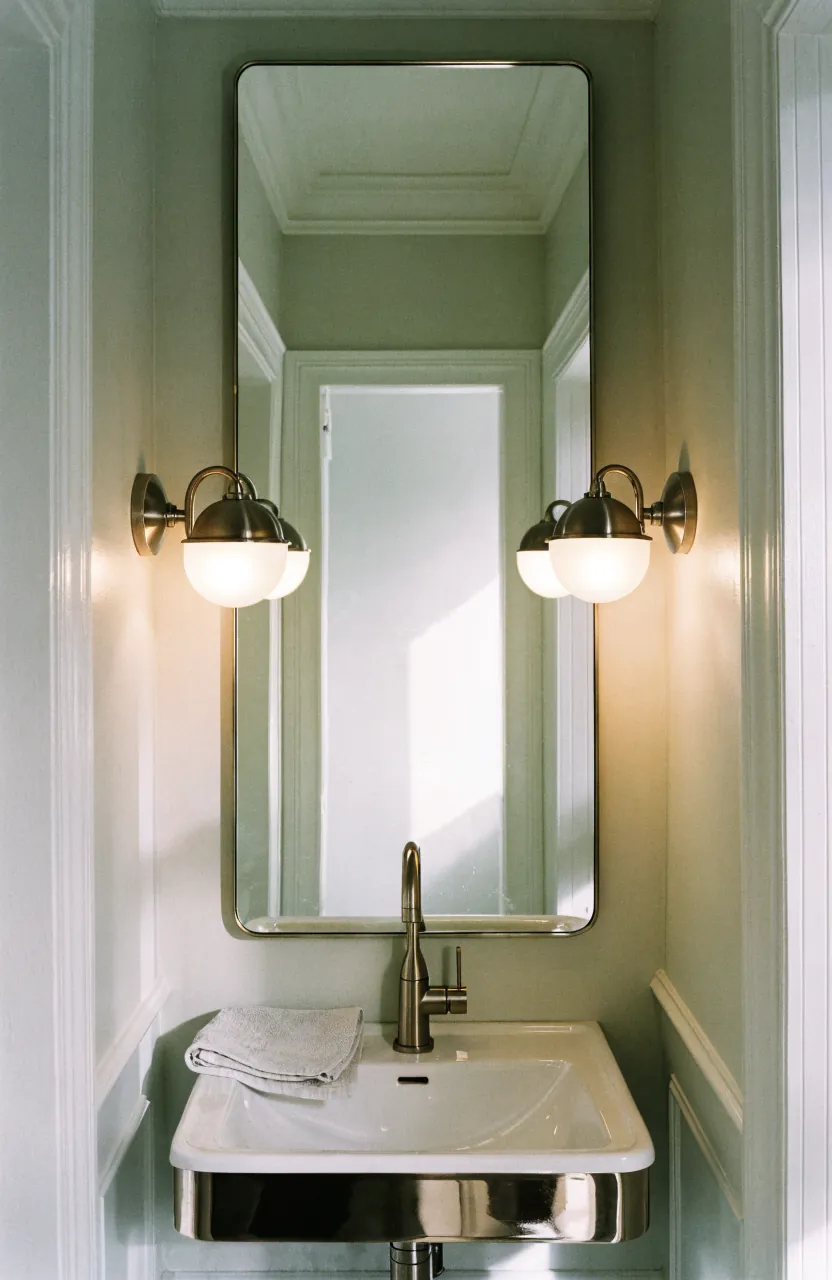 Large bathroom mirror with warm lighting making a tiny bathroom feel brighter