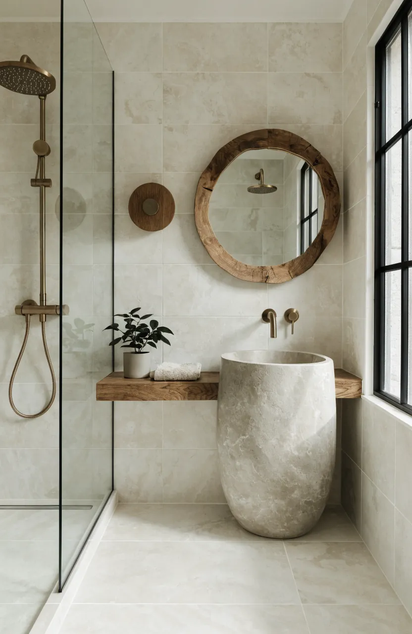Calm tiny bathroom design with simple tile light color and warm wood