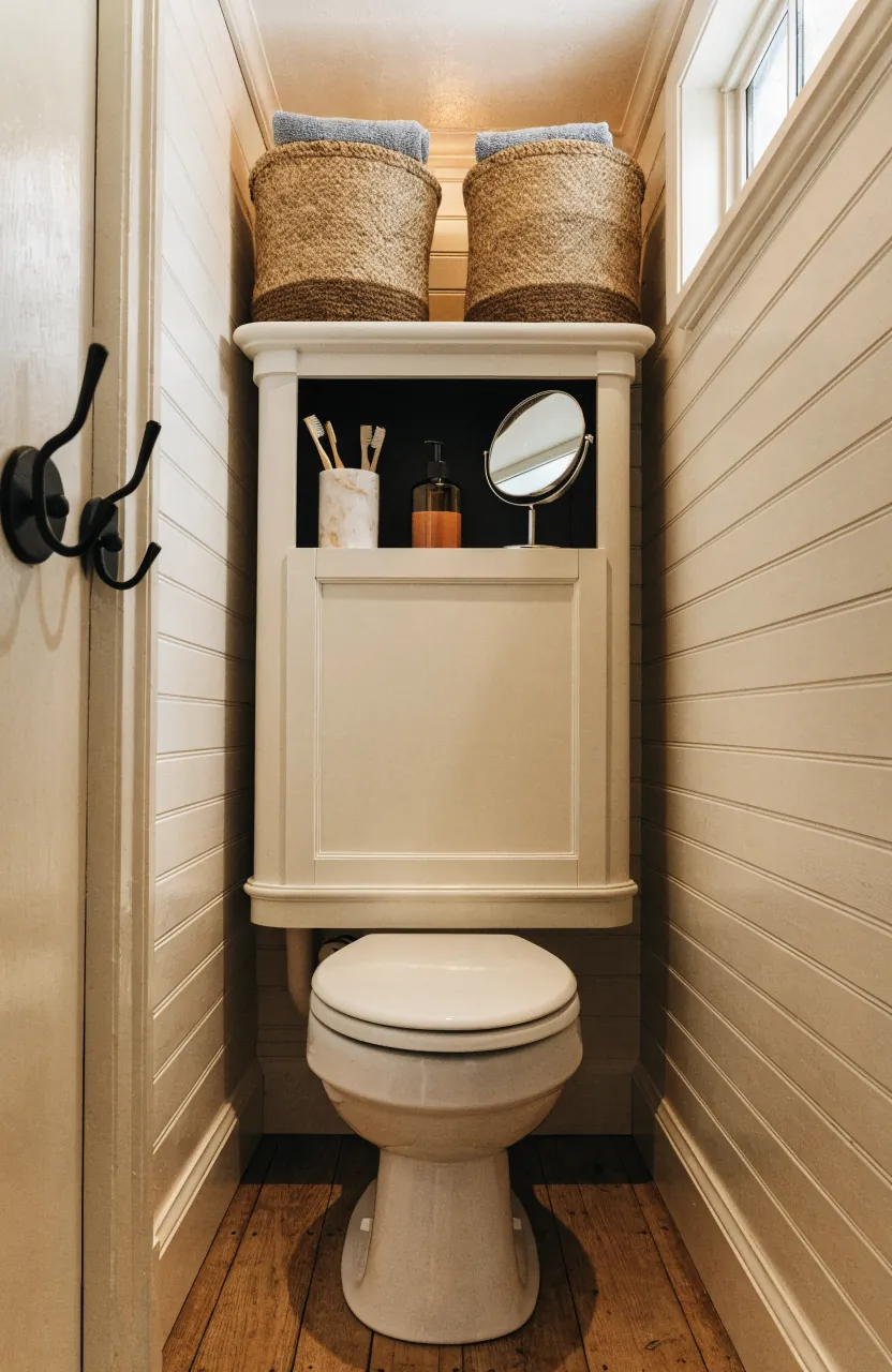 Over toilet storage and door hooks in a compact bathroom layout