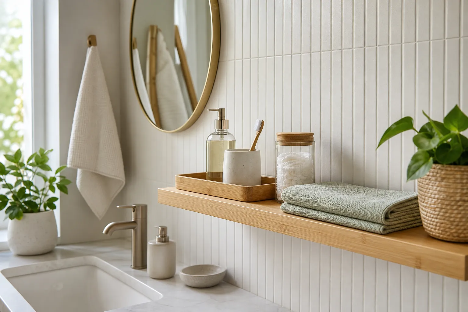 Bathroom shelves styled with a bamboo tray, folded towels, jars, and open space beside a vanity mirror