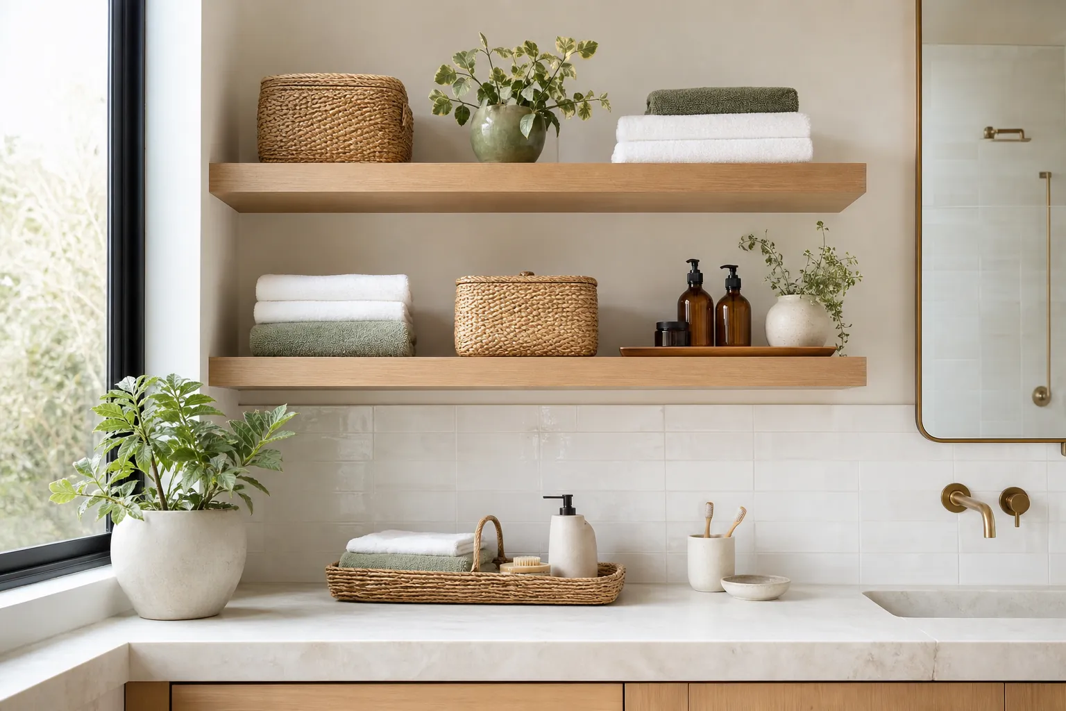 Practical bathroom shelf styling with natural storage baskets, towels, plants, and calm spa decor