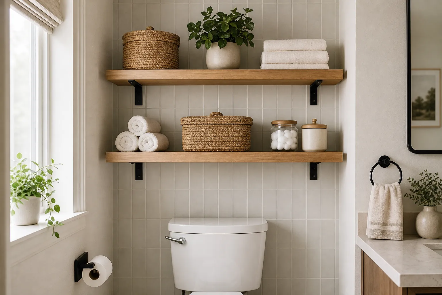 Natural over toilet bathroom shelves with lidded baskets, rolled towels, and one small plant