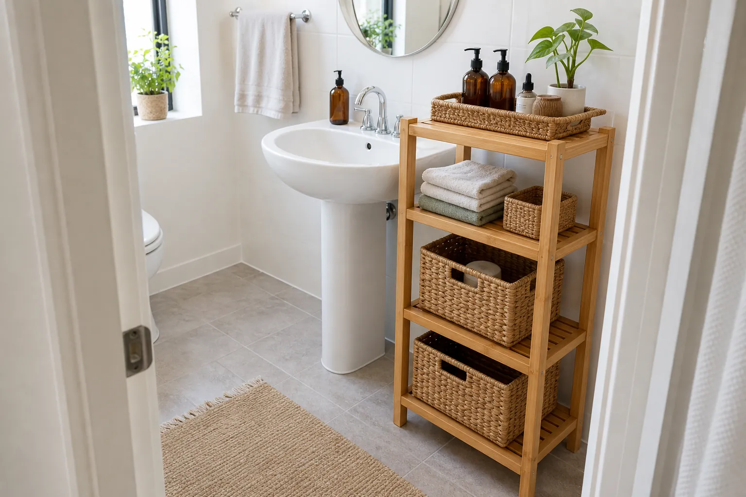 Rental bathroom shelf styled with a bamboo tray, amber bottles, towels, and removable storage baskets