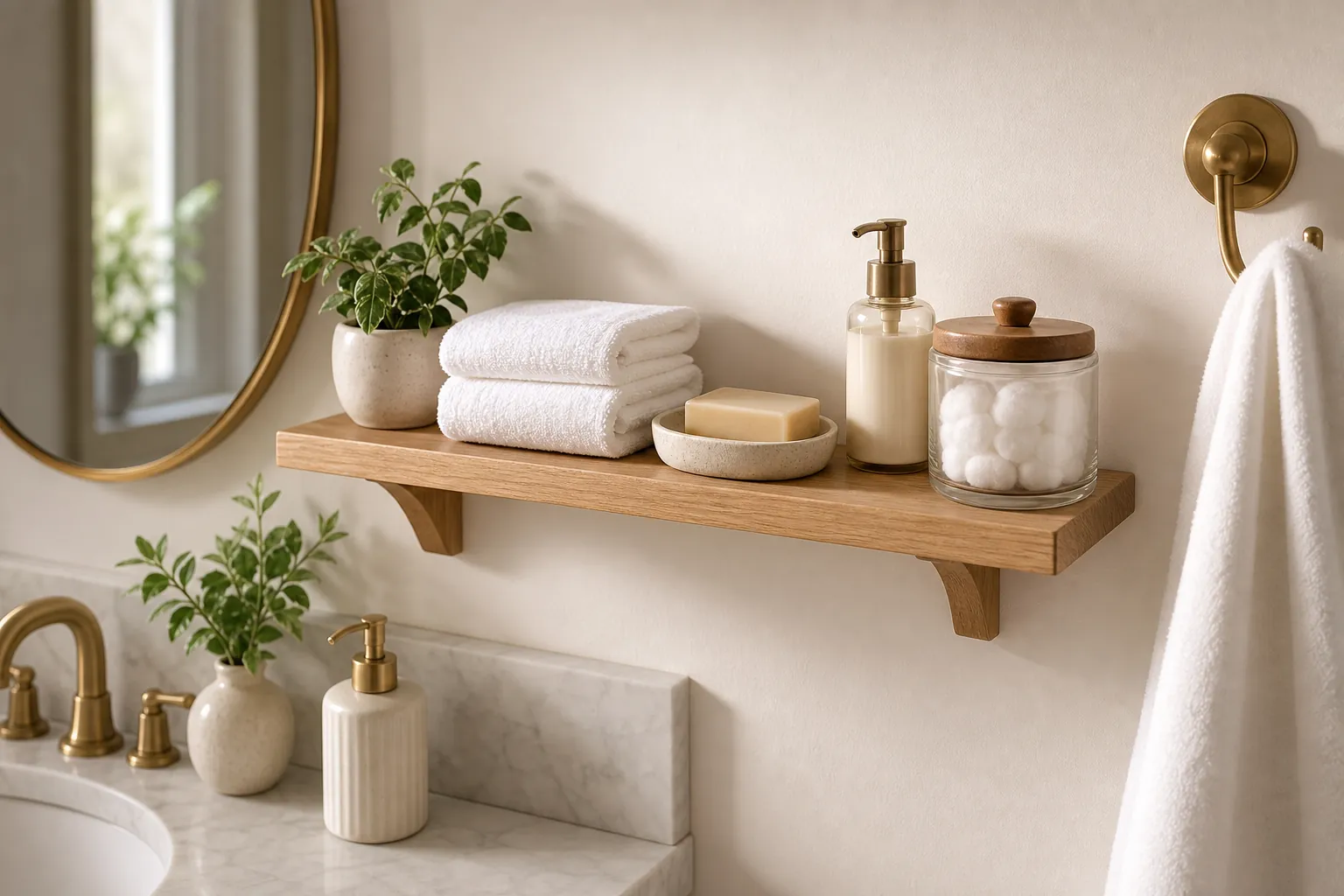 Guest bathroom shelves with folded towels, spare toiletries, a ceramic soap dish, and a small green plant