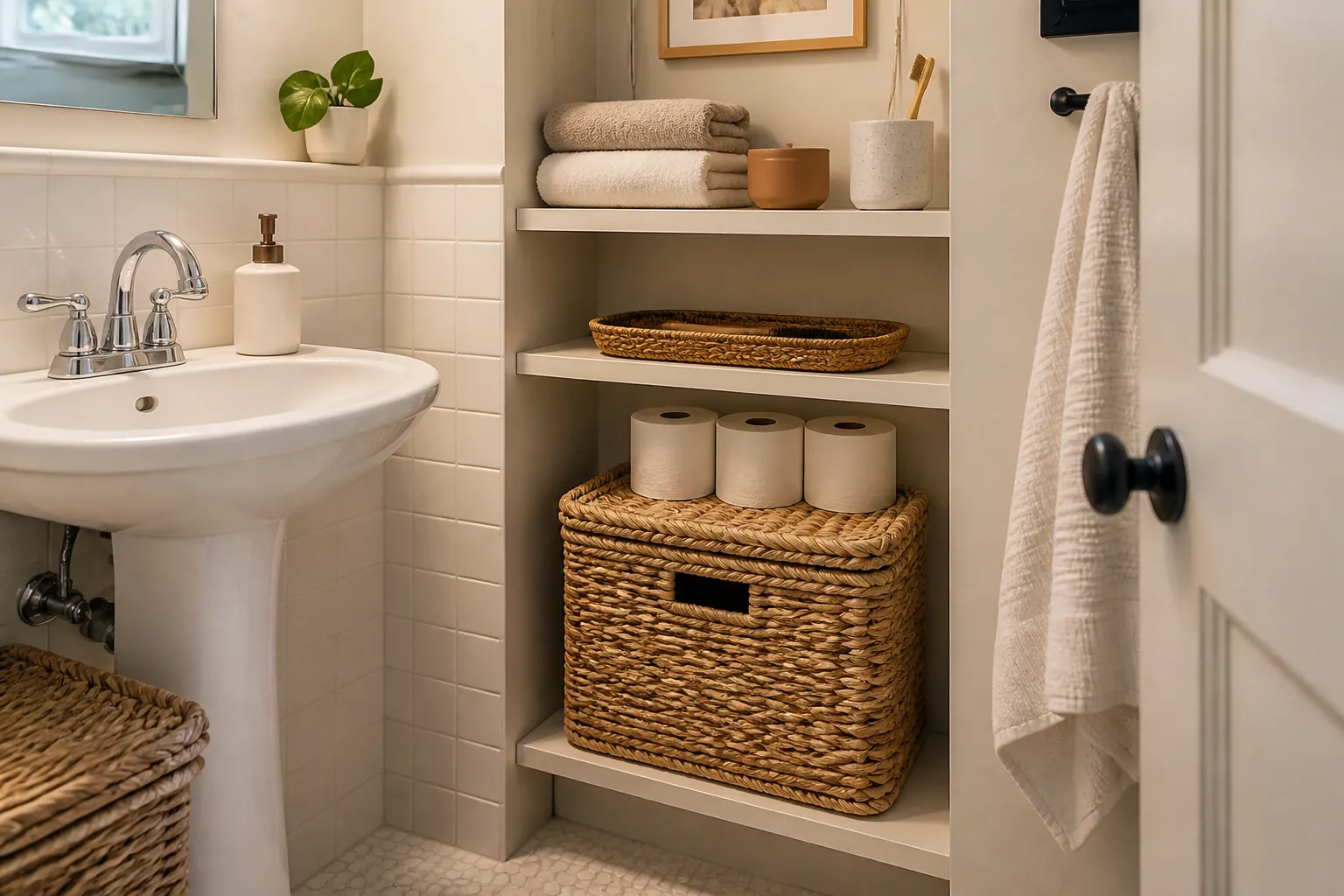 Small bathroom shelf zone with woven baskets, toilet paper storage, towels, and clean neutral tile