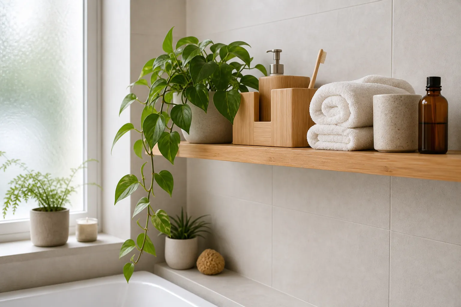 Spa bathroom shelf with a trailing plant, bamboo accessories, folded towels, and soft natural light