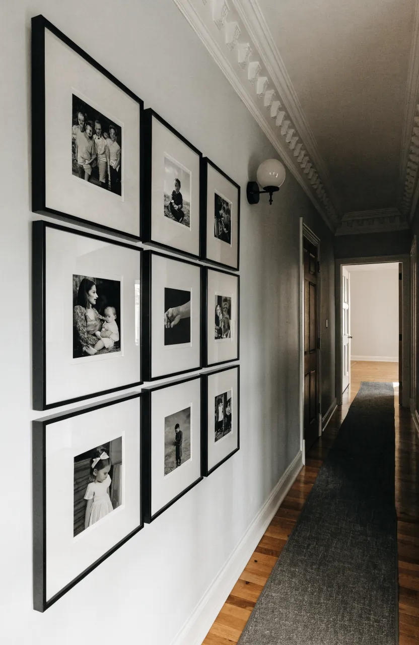 Black and white family photo hallway gallery wall in matching frames with white mats