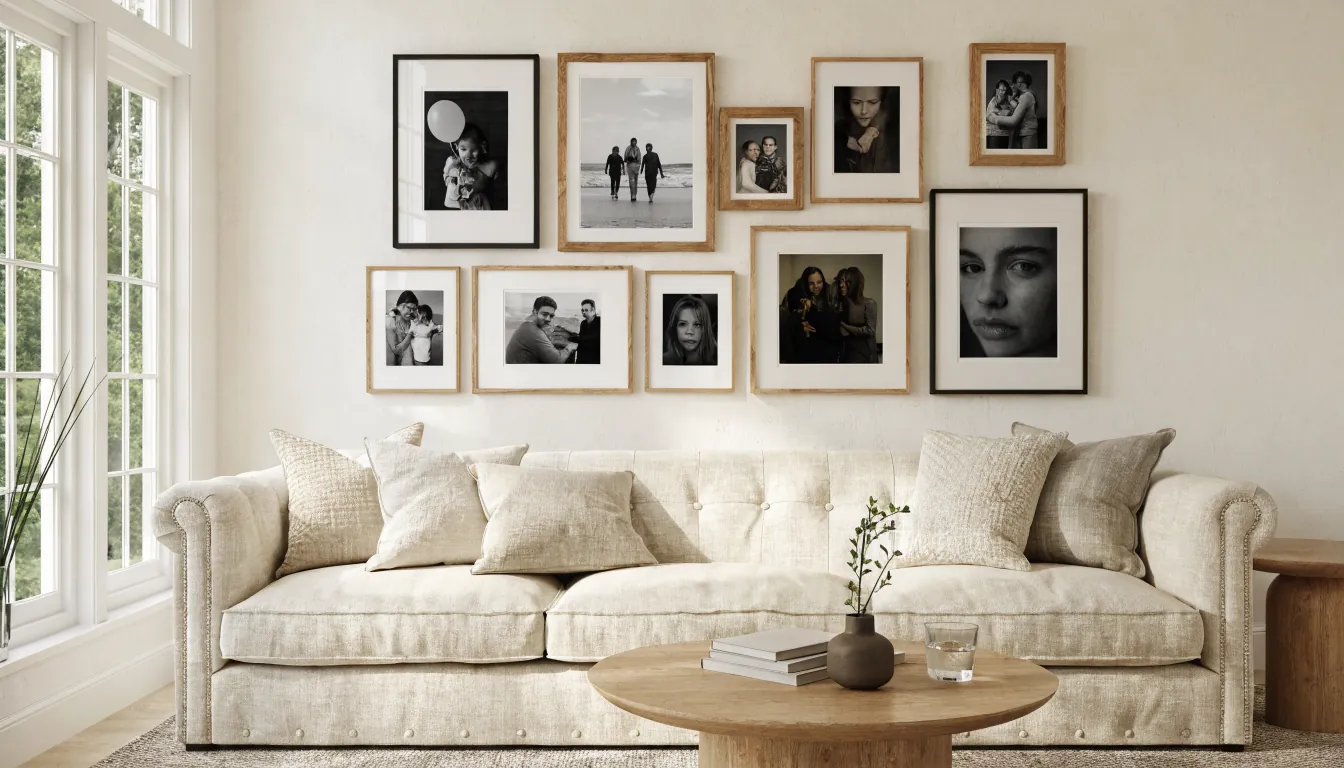Designed family photo wall above a sofa with coordinated frames and personal photos