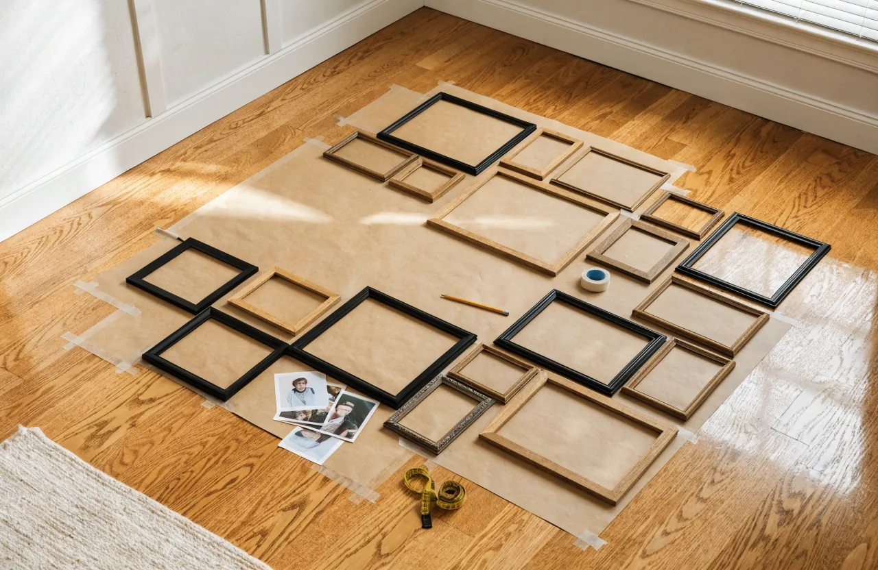 Family photo wall layout planned with paper templates and mixed frames before hanging