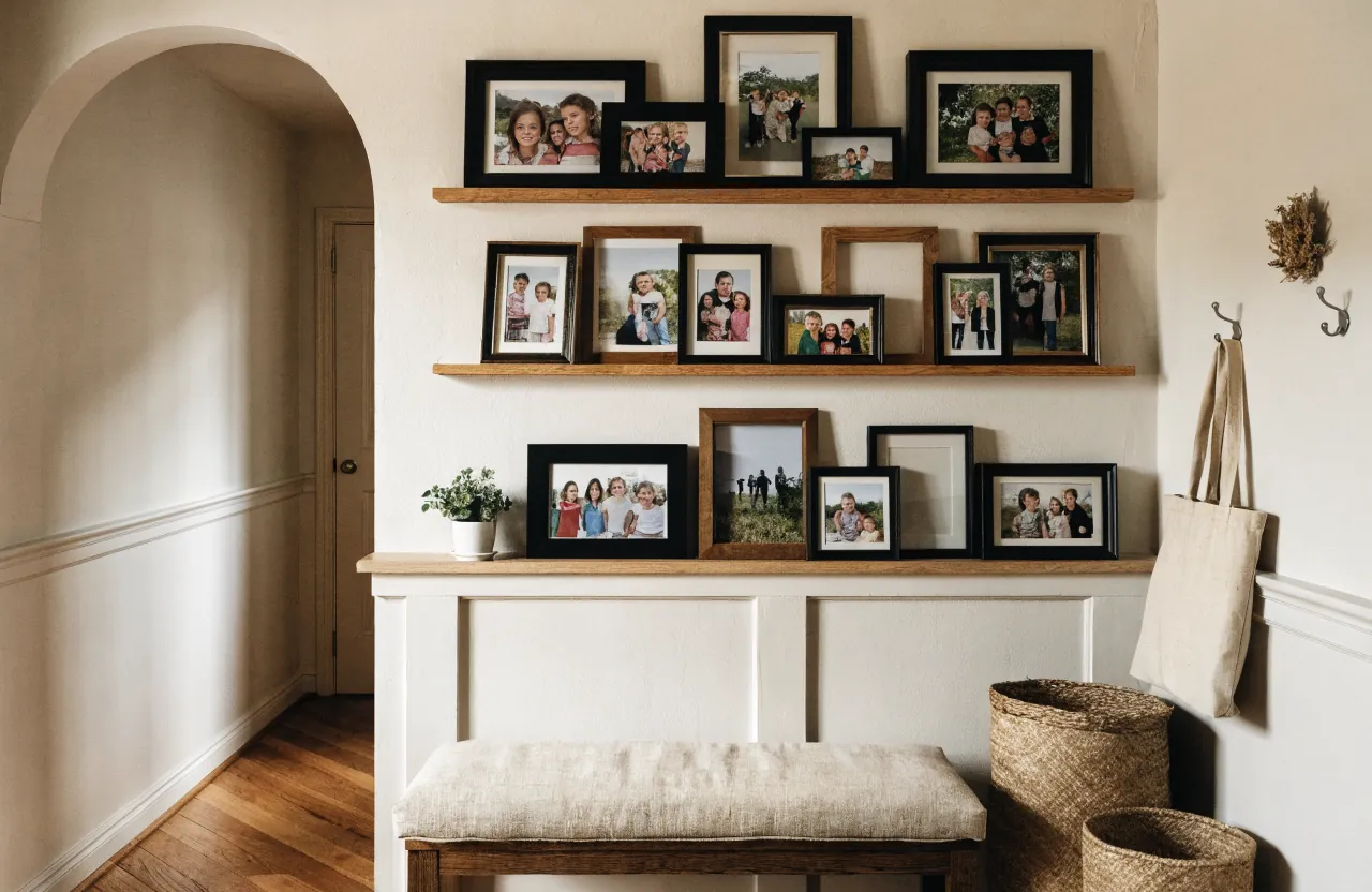 Entryway family photo wall with picture ledges and room to add new framed memories