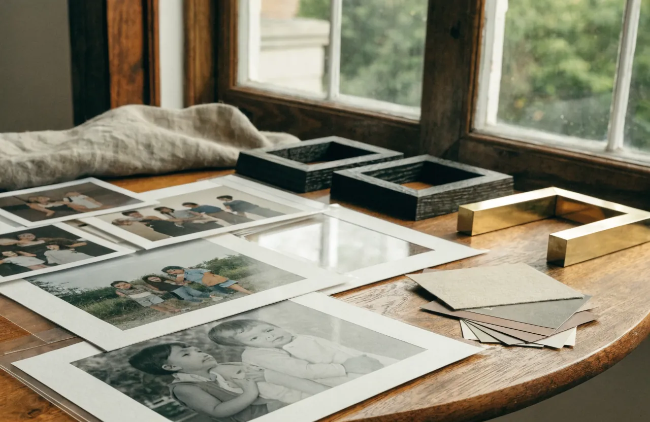 Family photo prints with white mats and coordinated black oak and brass frame finishes
