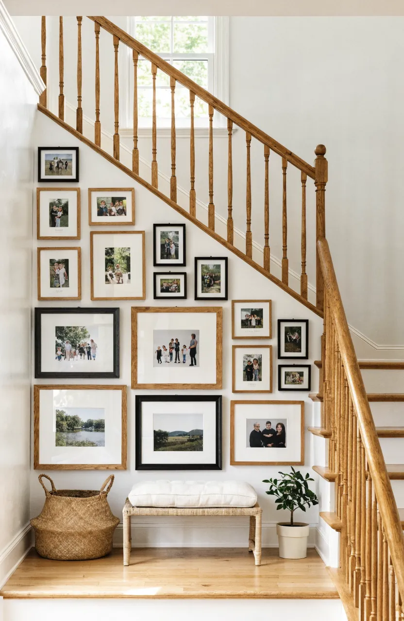 Stair landing family photo gallery wall with warm wood frames following the architecture