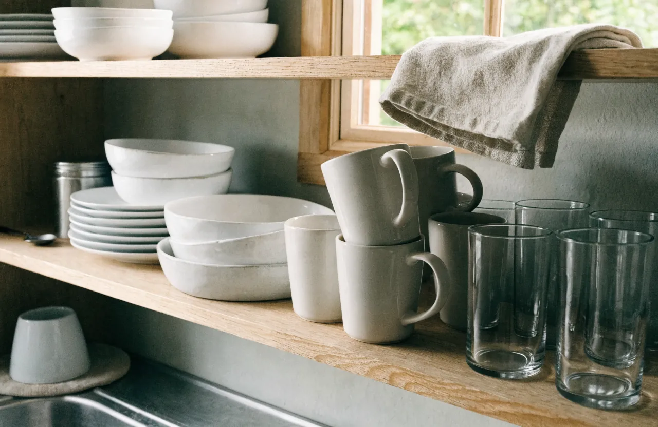 Everyday dishes and mugs arranged on reachable open shelves in a tiny house kitchen