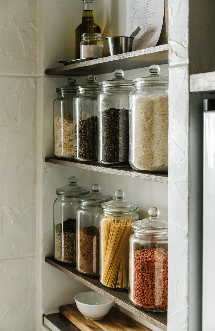 Shallow open pantry shelves with rectangular jars in a compact tiny home kitchen