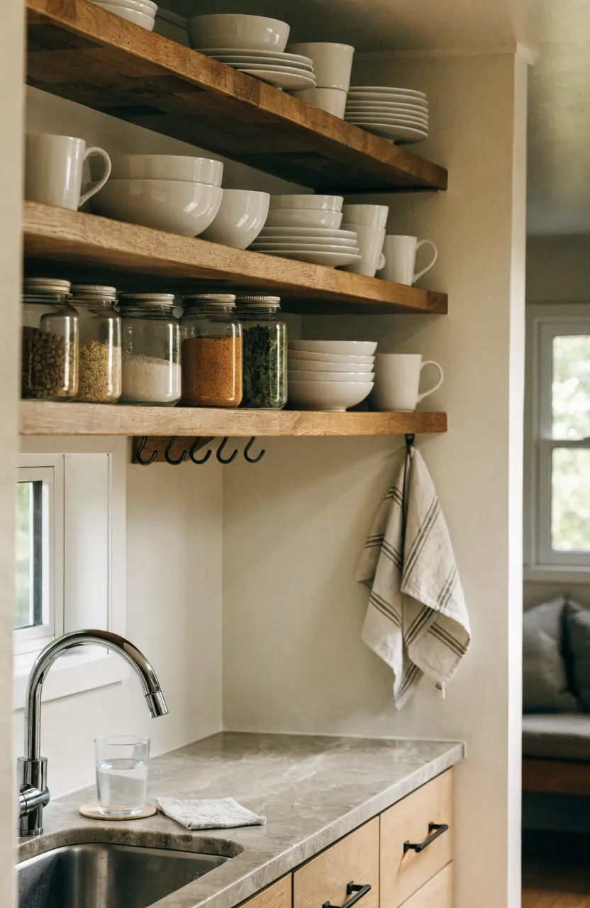 Tiny home kitchen with open shelving that keeps dishes and storage calm and useful