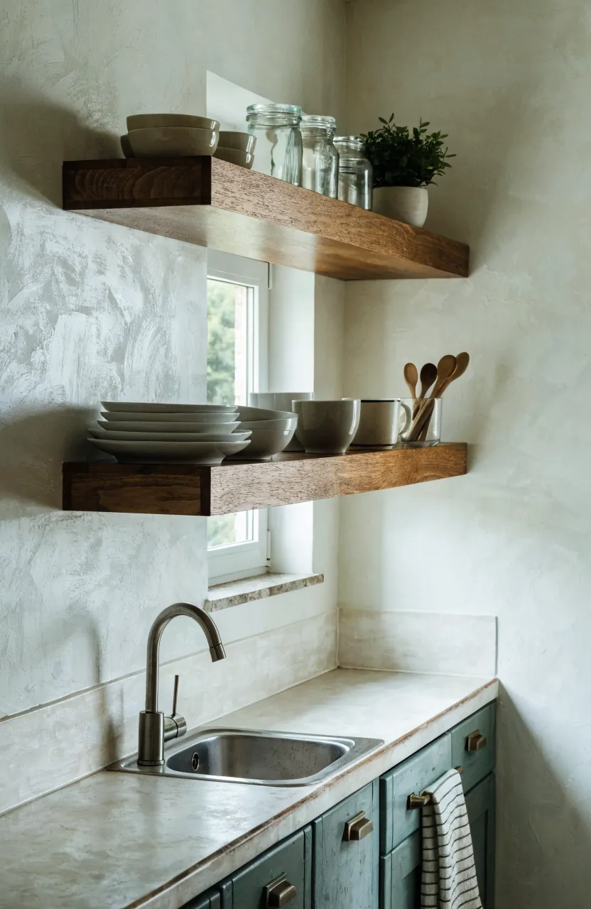 Tiny home kitchen with one warm wood open shelf wall above a compact backsplash