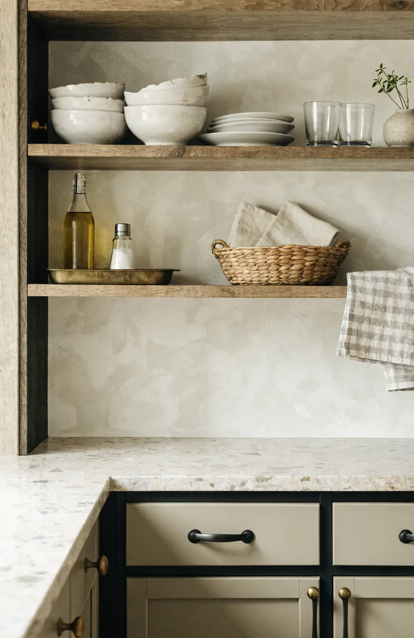 Calm open shelf styling with dishes jars and warm textures in a tiny home kitchen