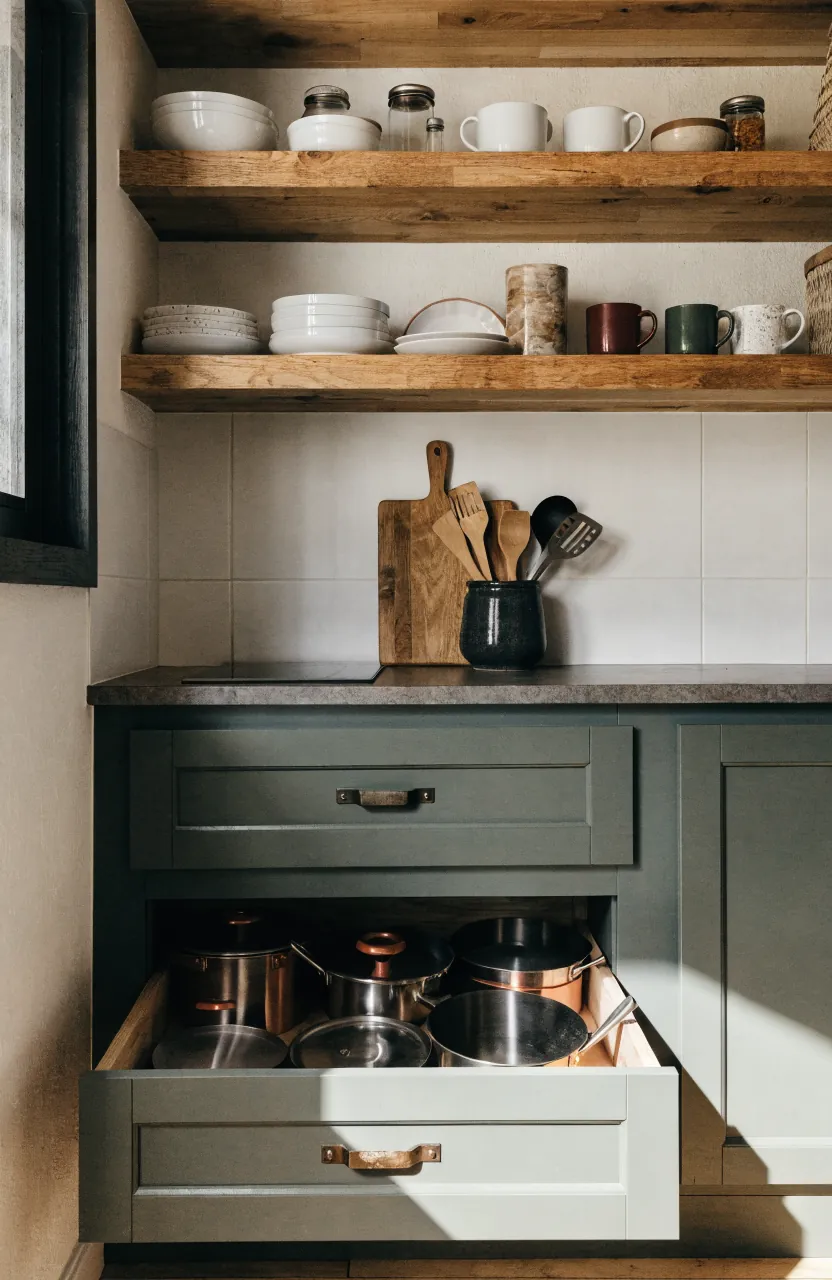 Tiny home kitchen with open upper shelves and tidy closed lower drawers for hidden storage