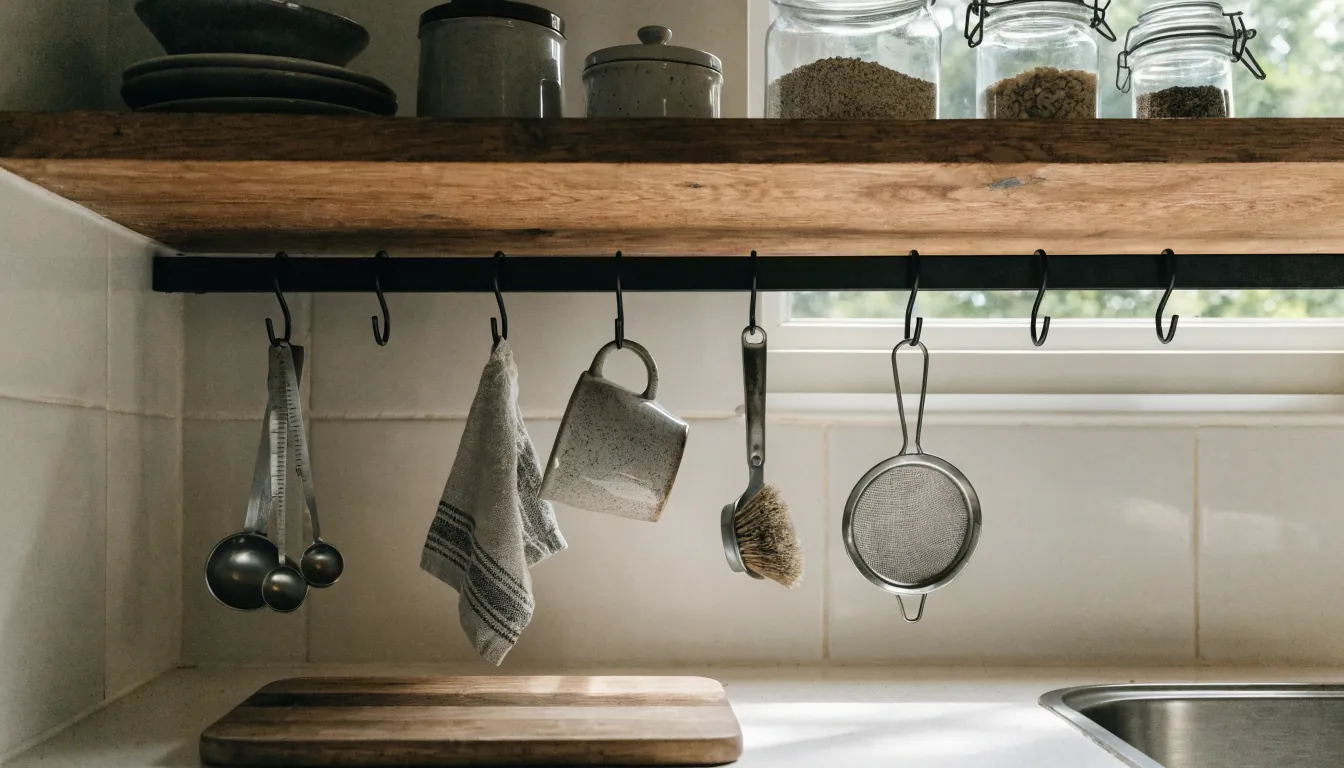 Slim rail and hooks under open kitchen shelves holding useful tools in a small kitchen