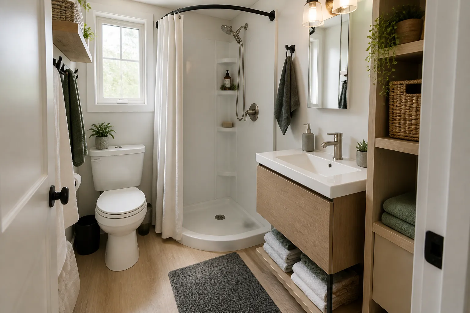 Compact tiny home bathroom shower layout with clear floor space and a curved curtain rod