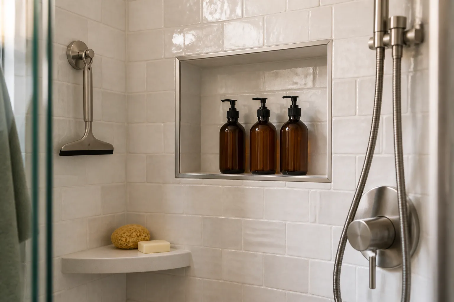 Recessed shower niche and corner shelves for tiny bathroom shower storage