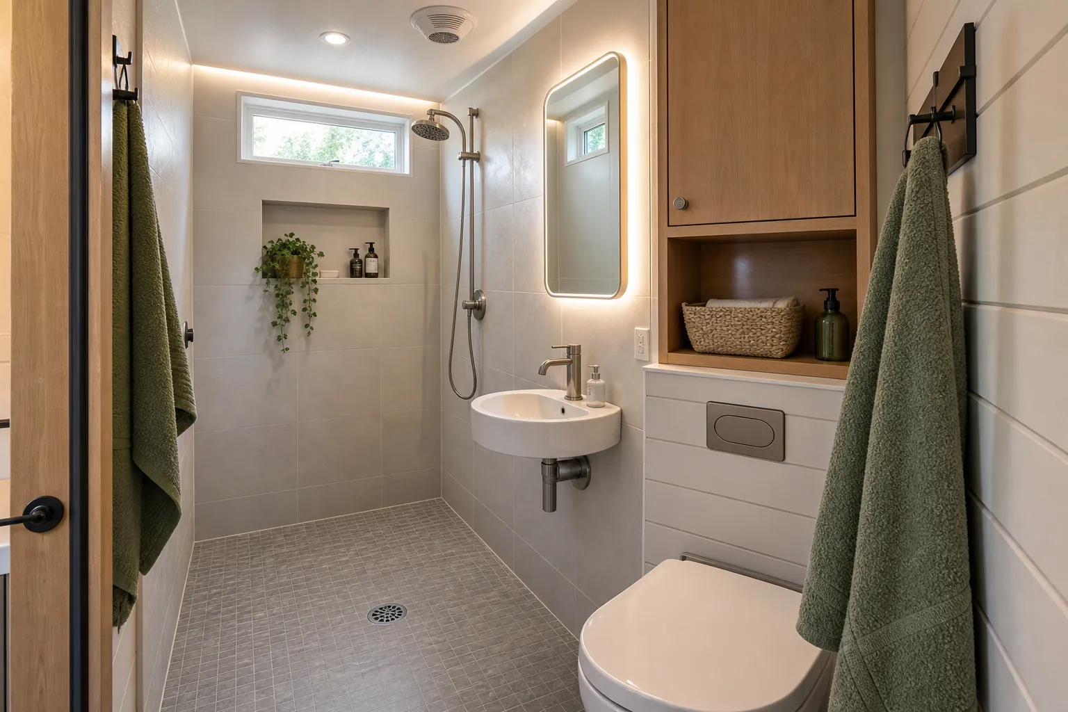 Tiny home wet bath with waterproof shower zone and protected dry storage cabinet