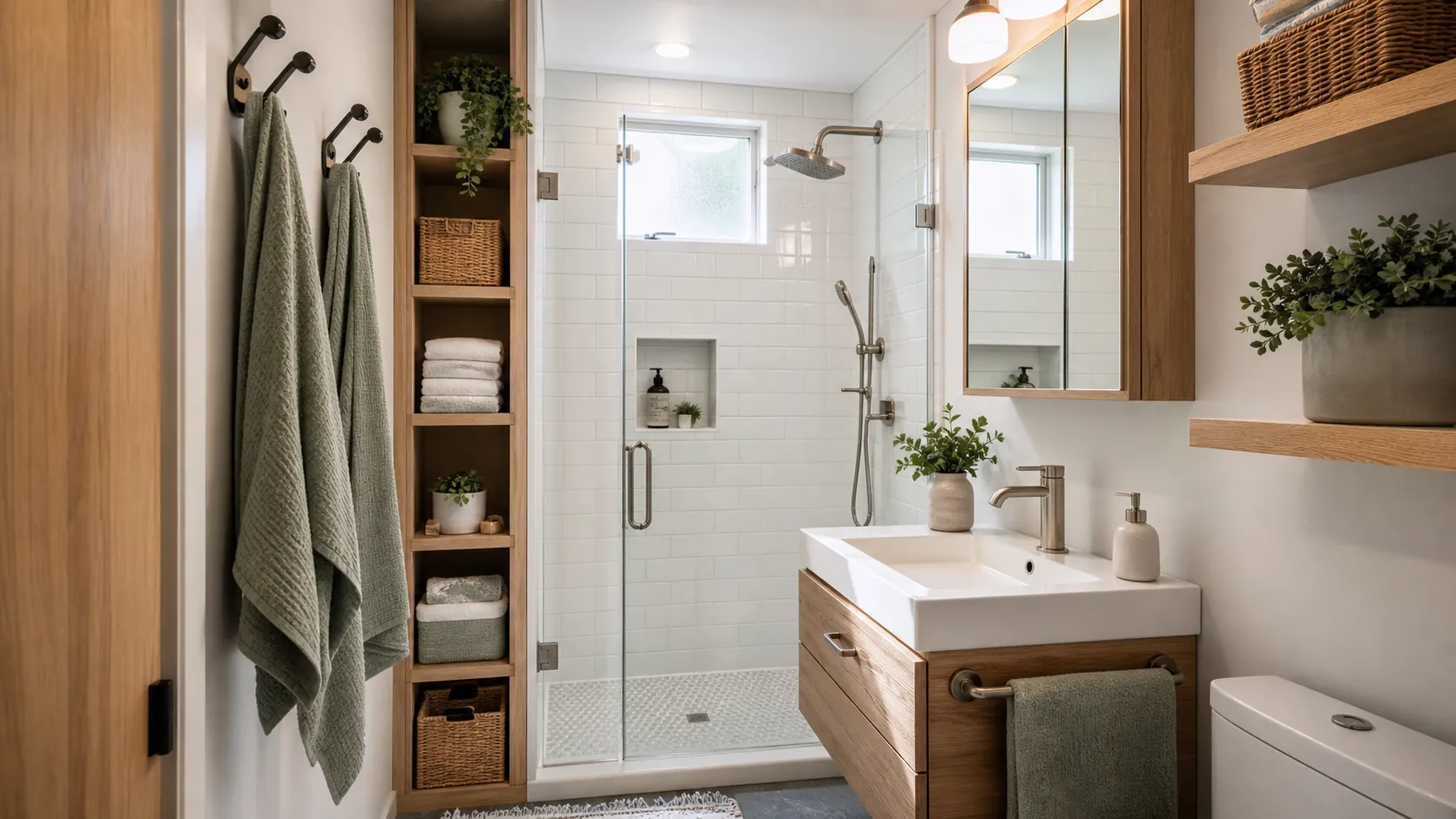 Tiny home bathroom with a compact shower, built-in storage, and warm wood finishes