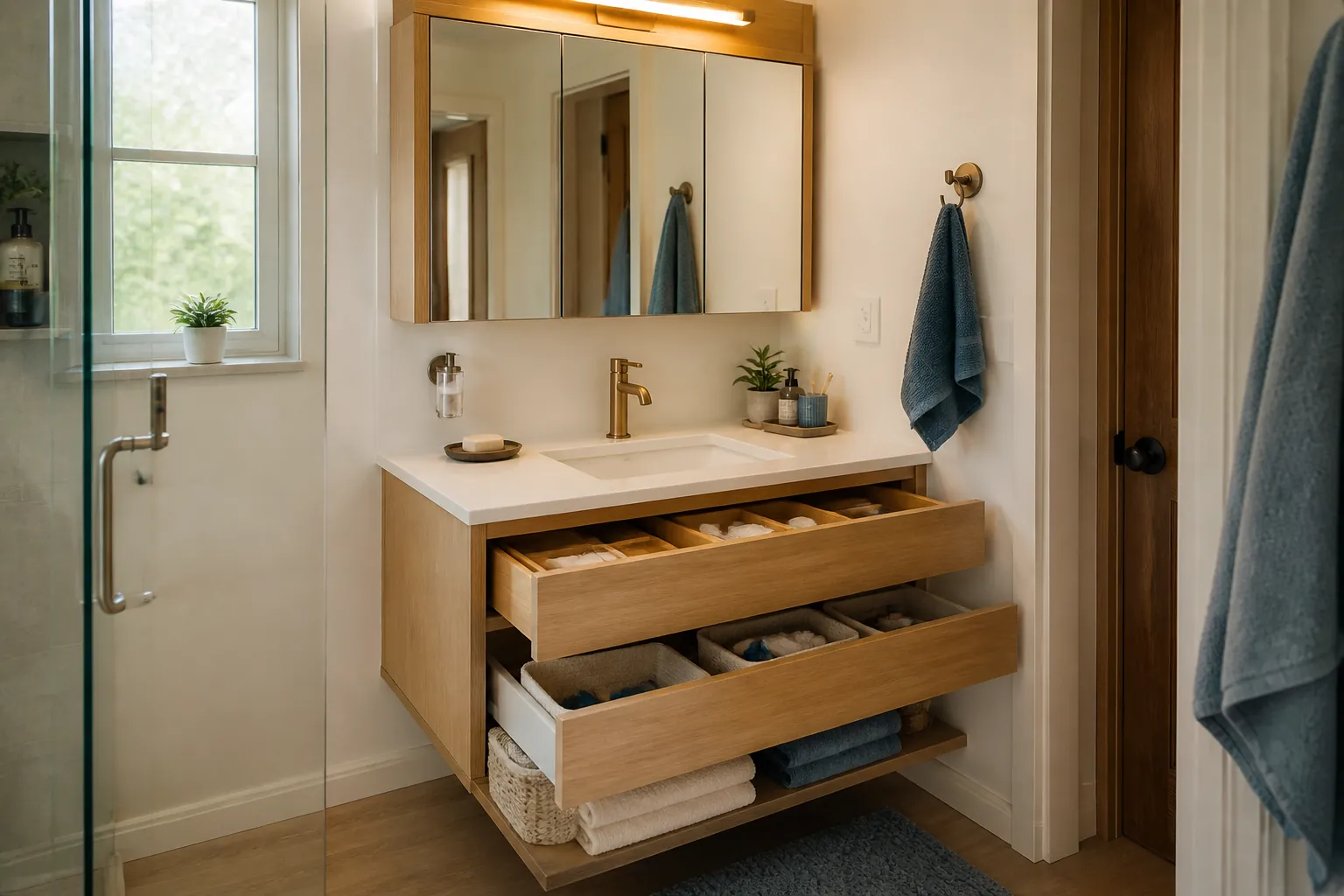 Floating vanity with medicine cabinet and drawer organizers in a tiny bathroom