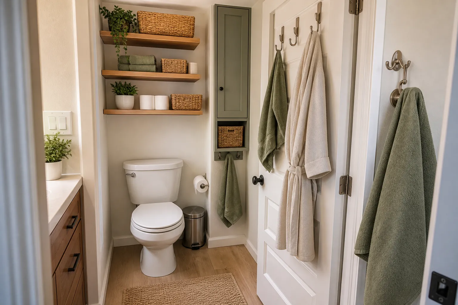 Over-toilet shelves and back-of-door hooks for tiny bathroom storage