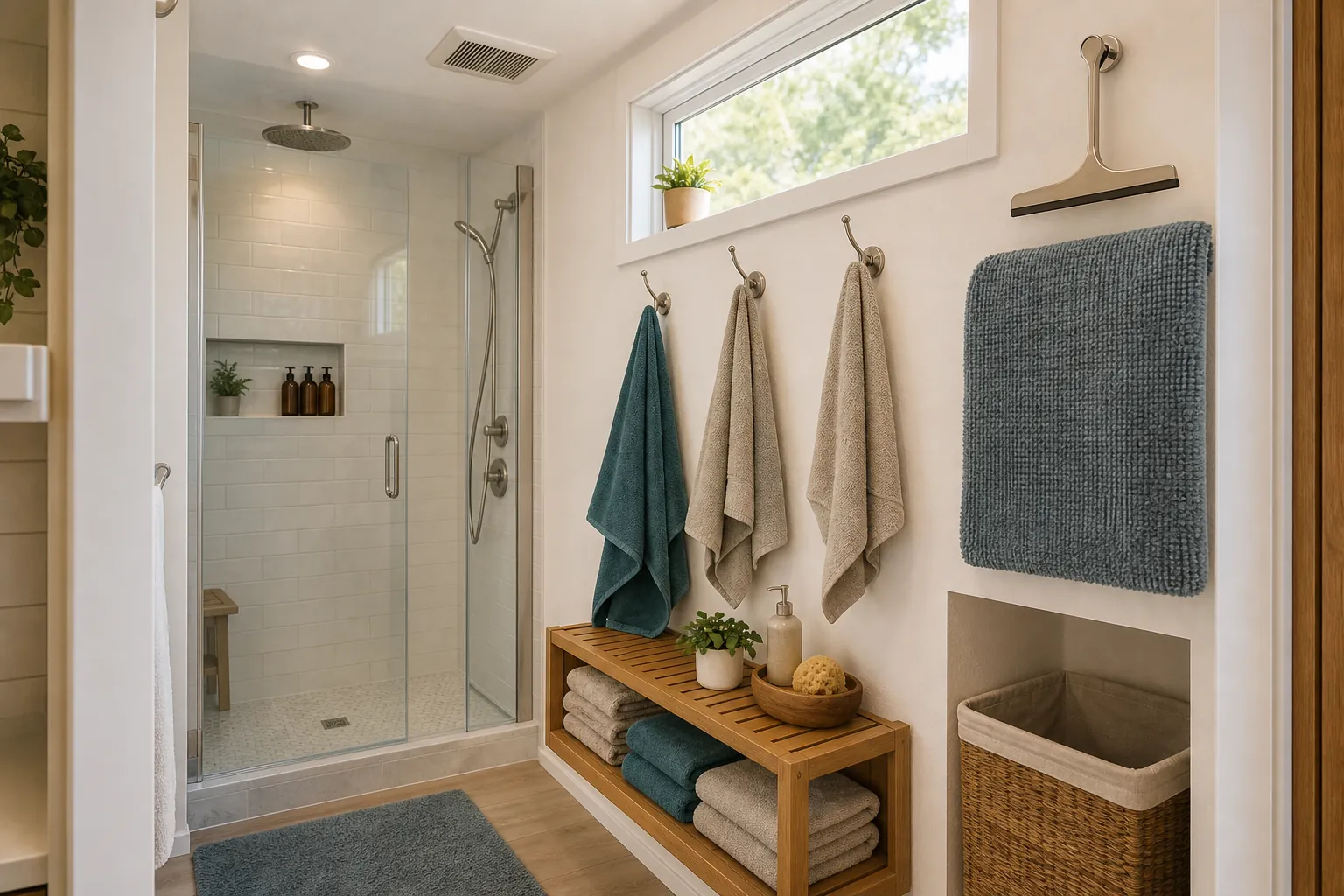 Ventilated towel drying zone in a tiny home bathroom with hooks and open shelves