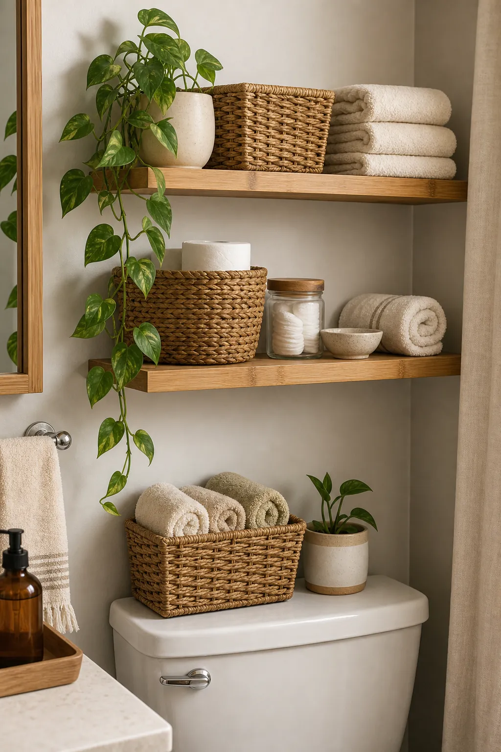 Bathroom storage with bamboo shelves, woven baskets, rolled towels, and practical natural decor