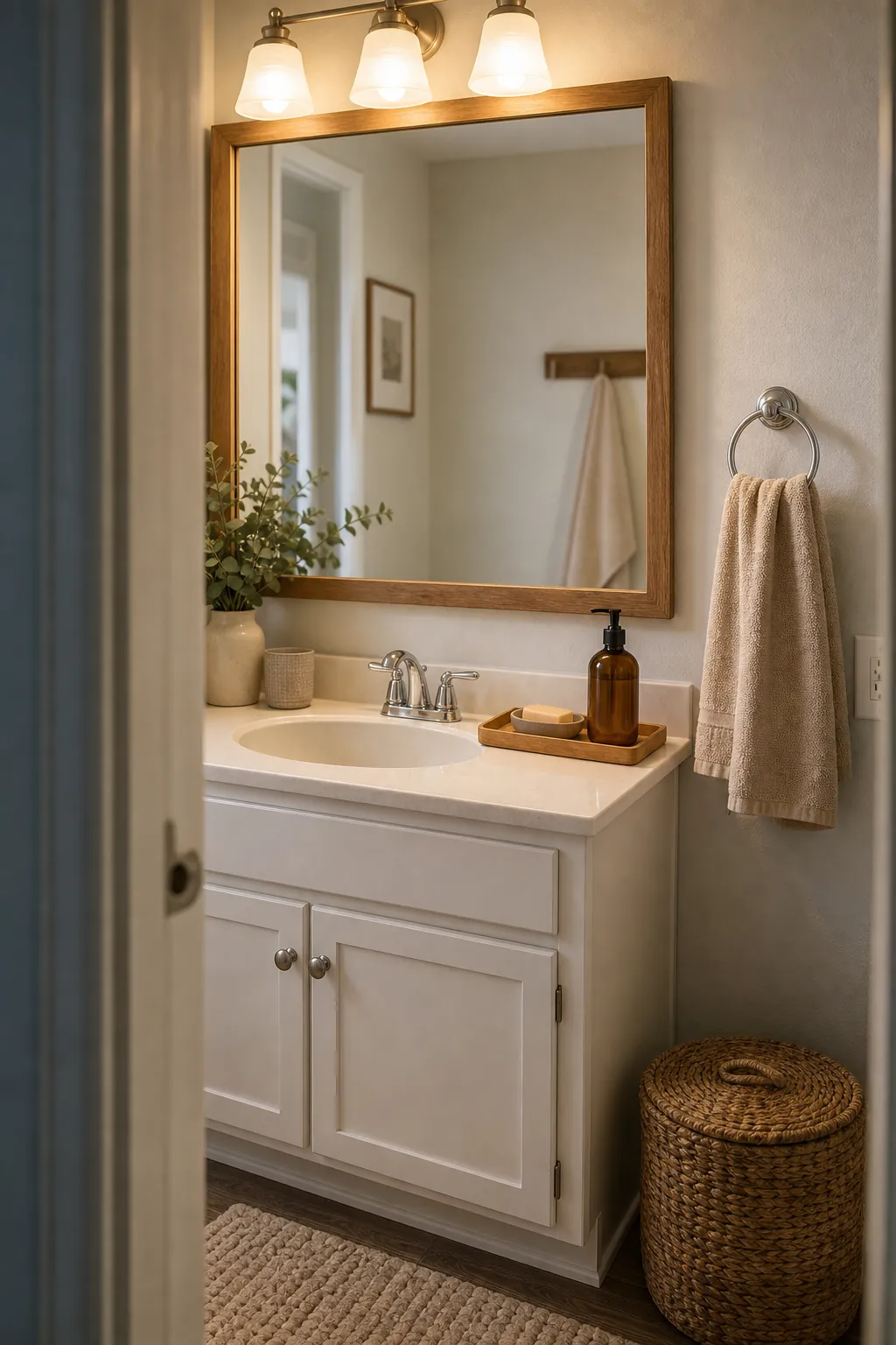Builder grade bathroom vanity made warmer with a framed mirror, simple styling, and soft natural accents