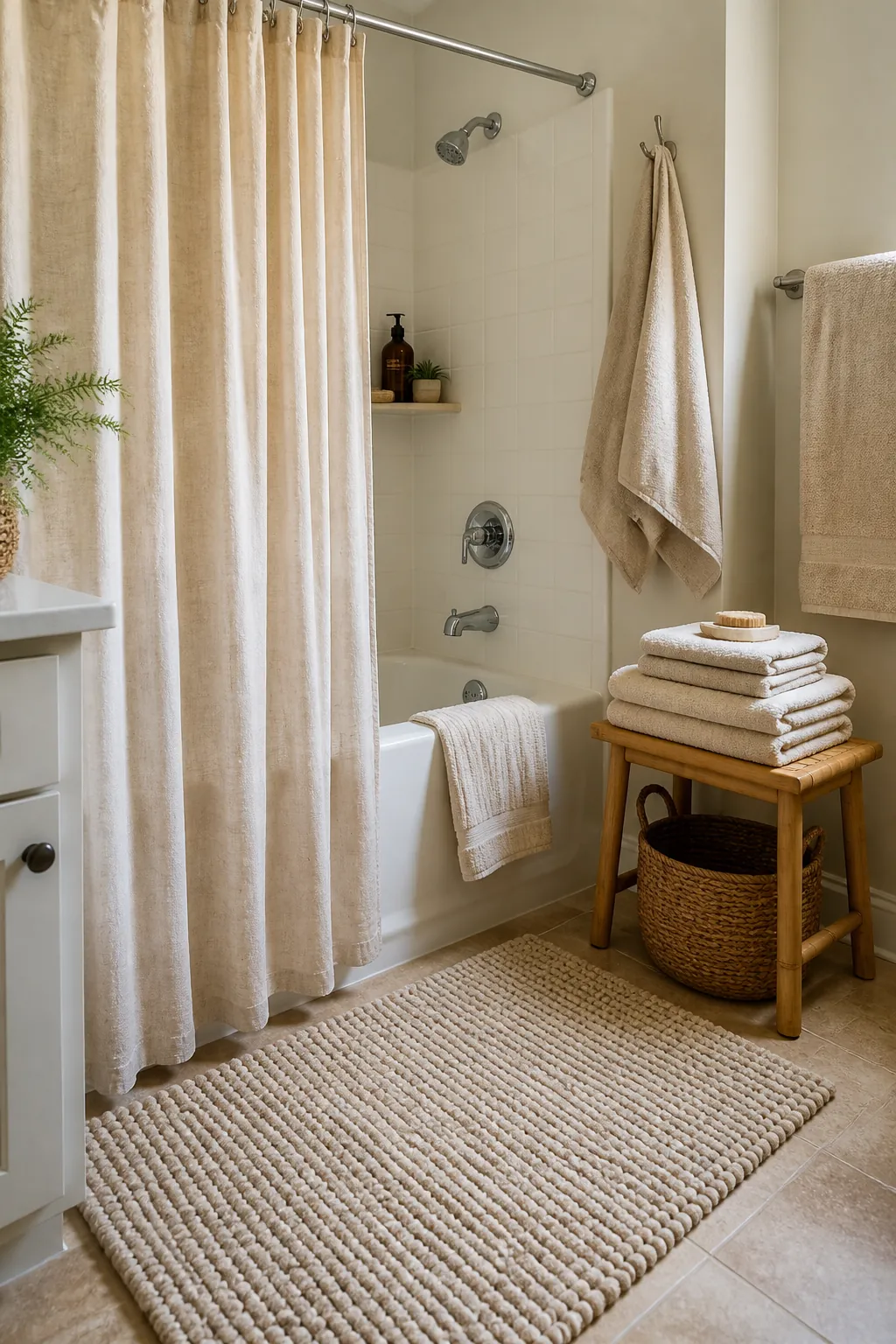 Cozy bathroom shower curtain with layered towels, a warm bath mat, and soft neutral textiles