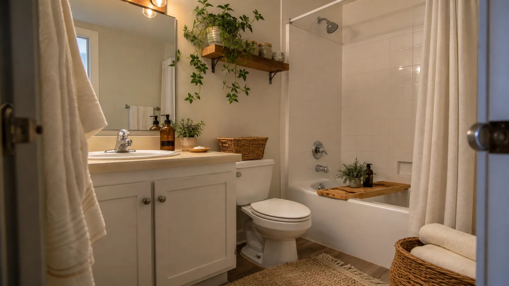 Cozy bathroom with basic fixtures, bamboo accents, warm textiles, and natural decor