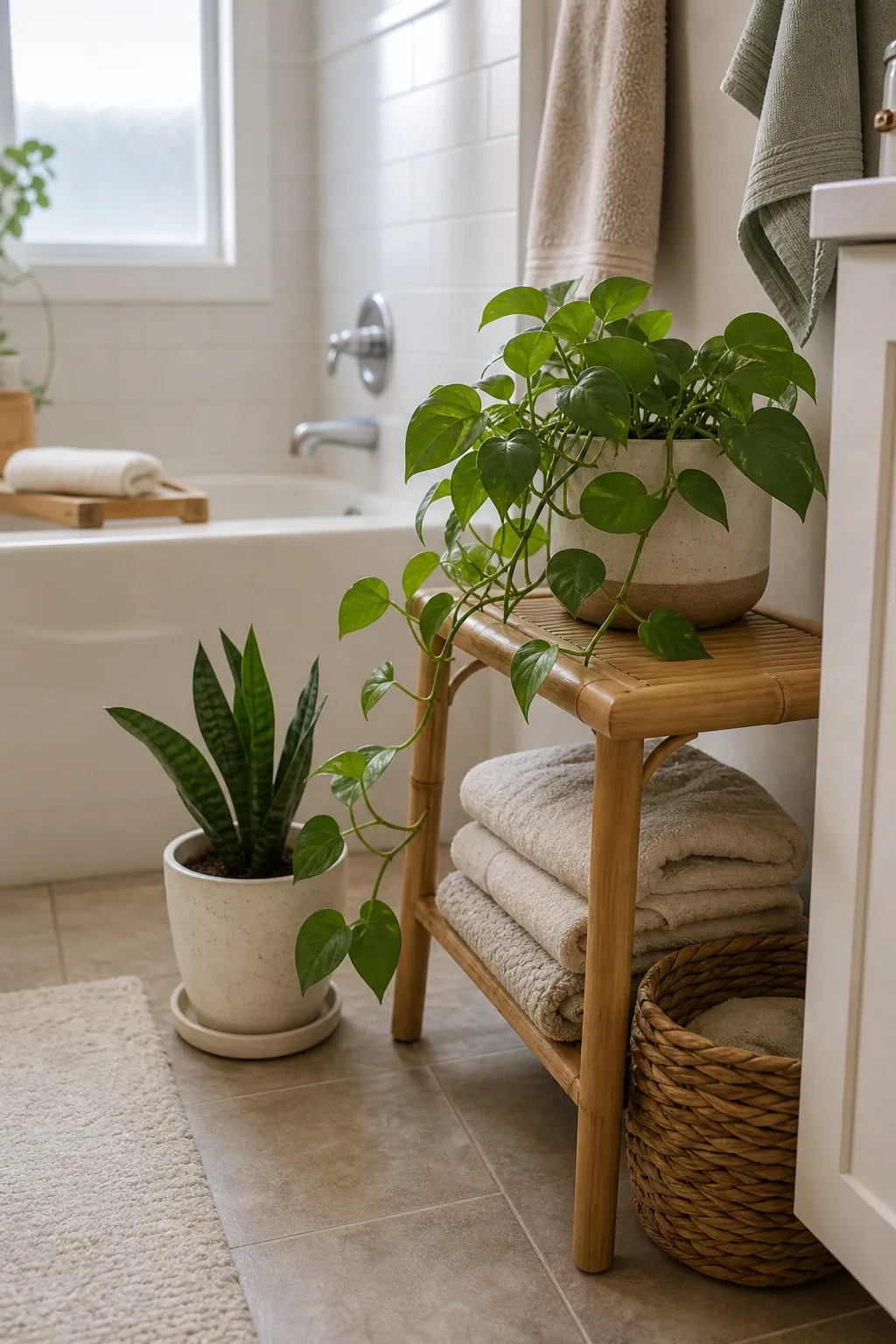 Natural bathroom plant corner with bamboo stool, soft towels, and low-maintenance greenery