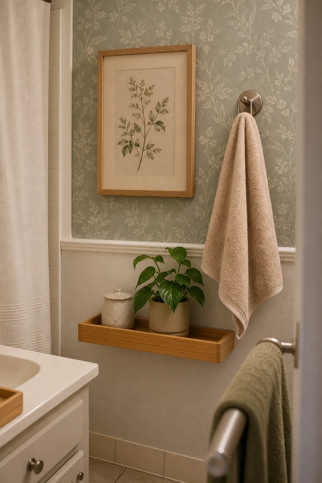 Renter friendly bathroom wall detail with framed art, warm paint color, and natural storage accents