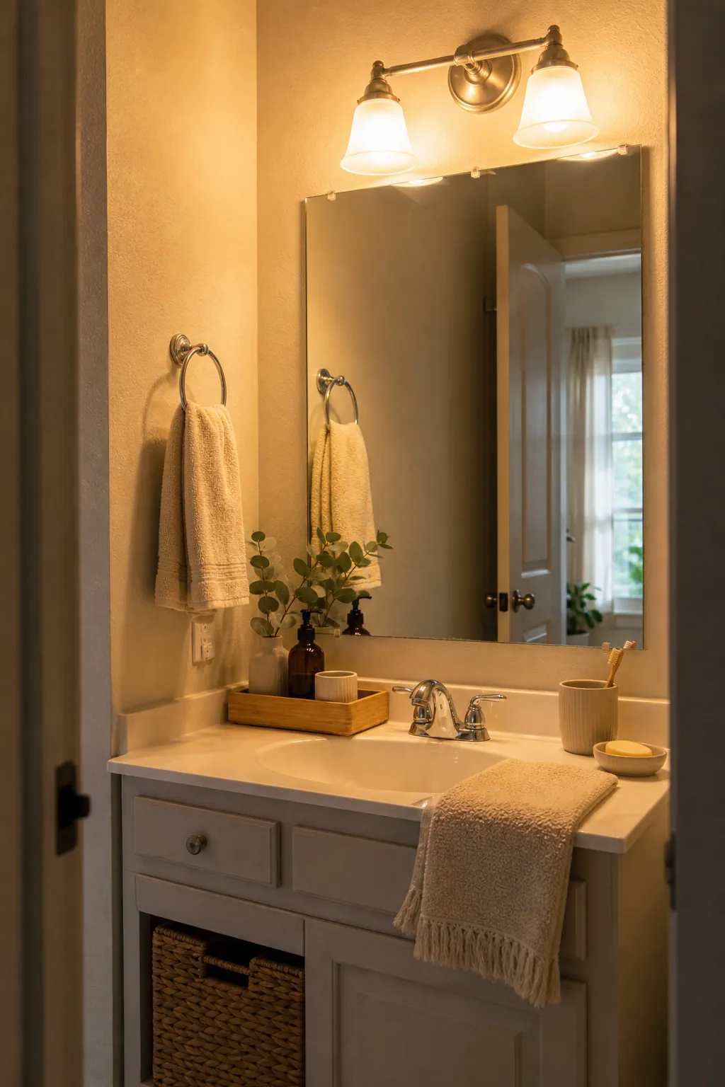 Warm bathroom lighting around a basic vanity with cozy neutral decor and practical daylight balance