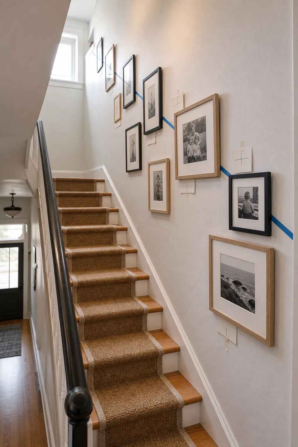 Narrow staircase gallery wall with frames aligned along a clean diagonal centerline