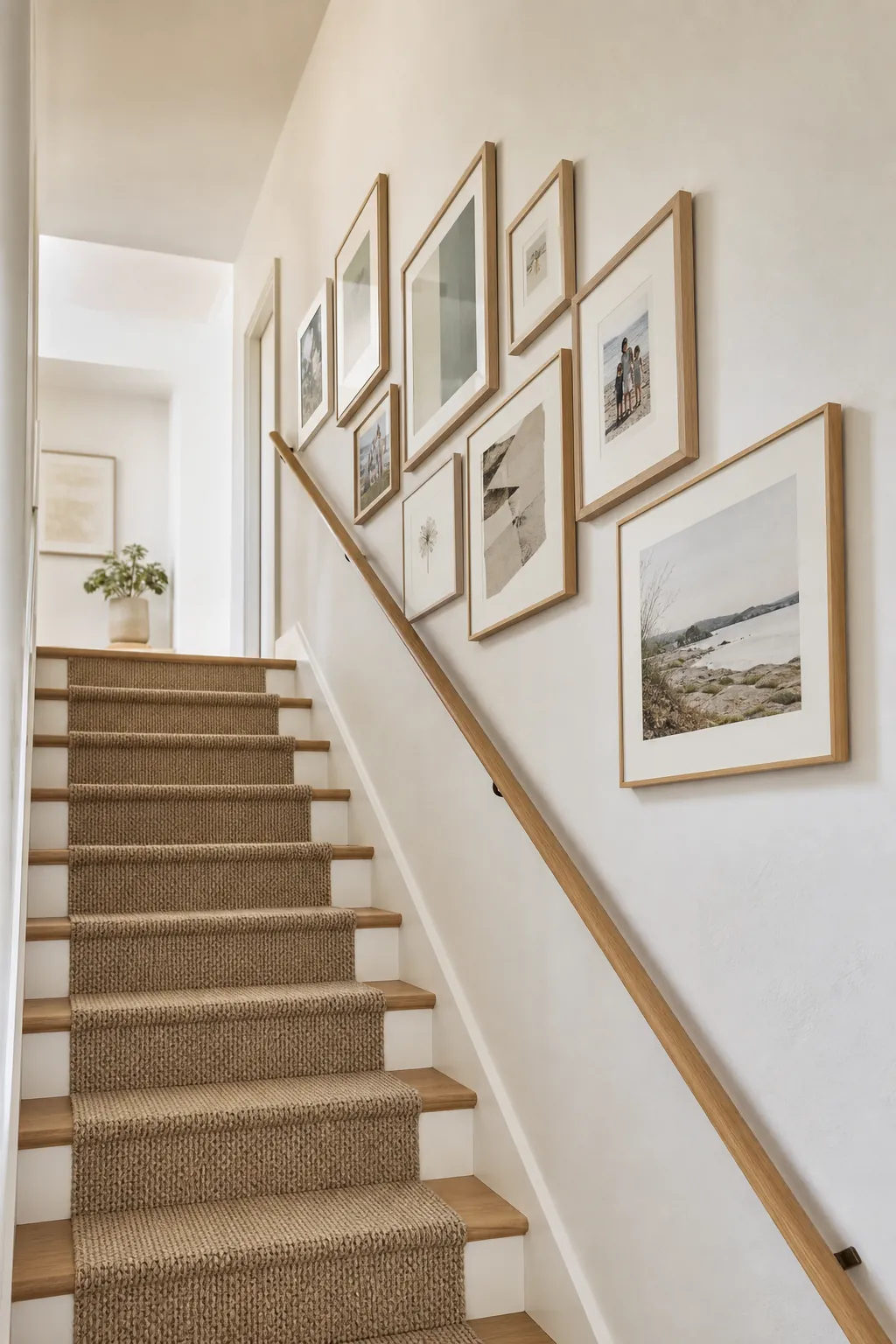 Finished narrow staircase gallery wall with framed art following the stair angle
