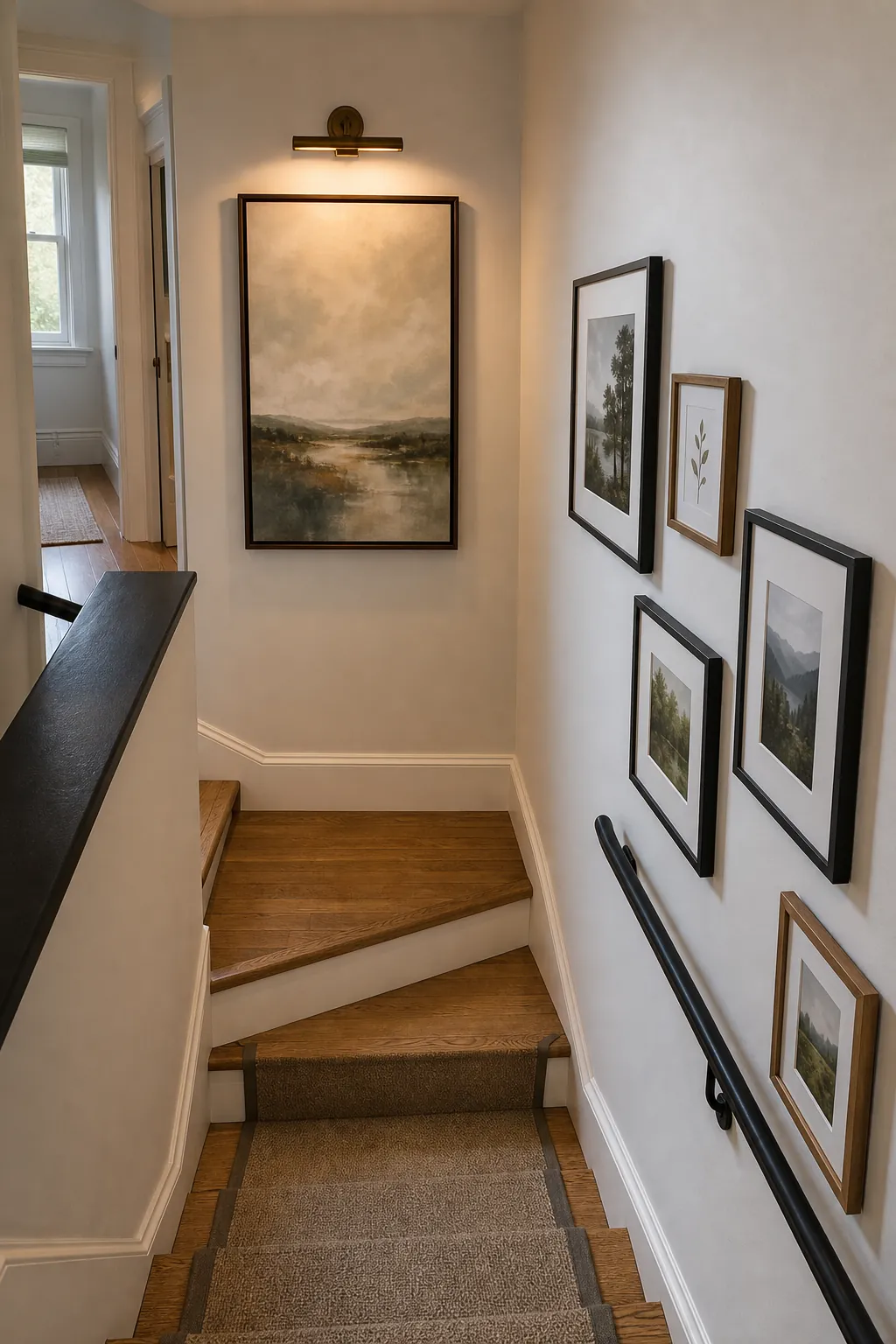 Landing wall with a larger framed print anchoring a staircase gallery wall